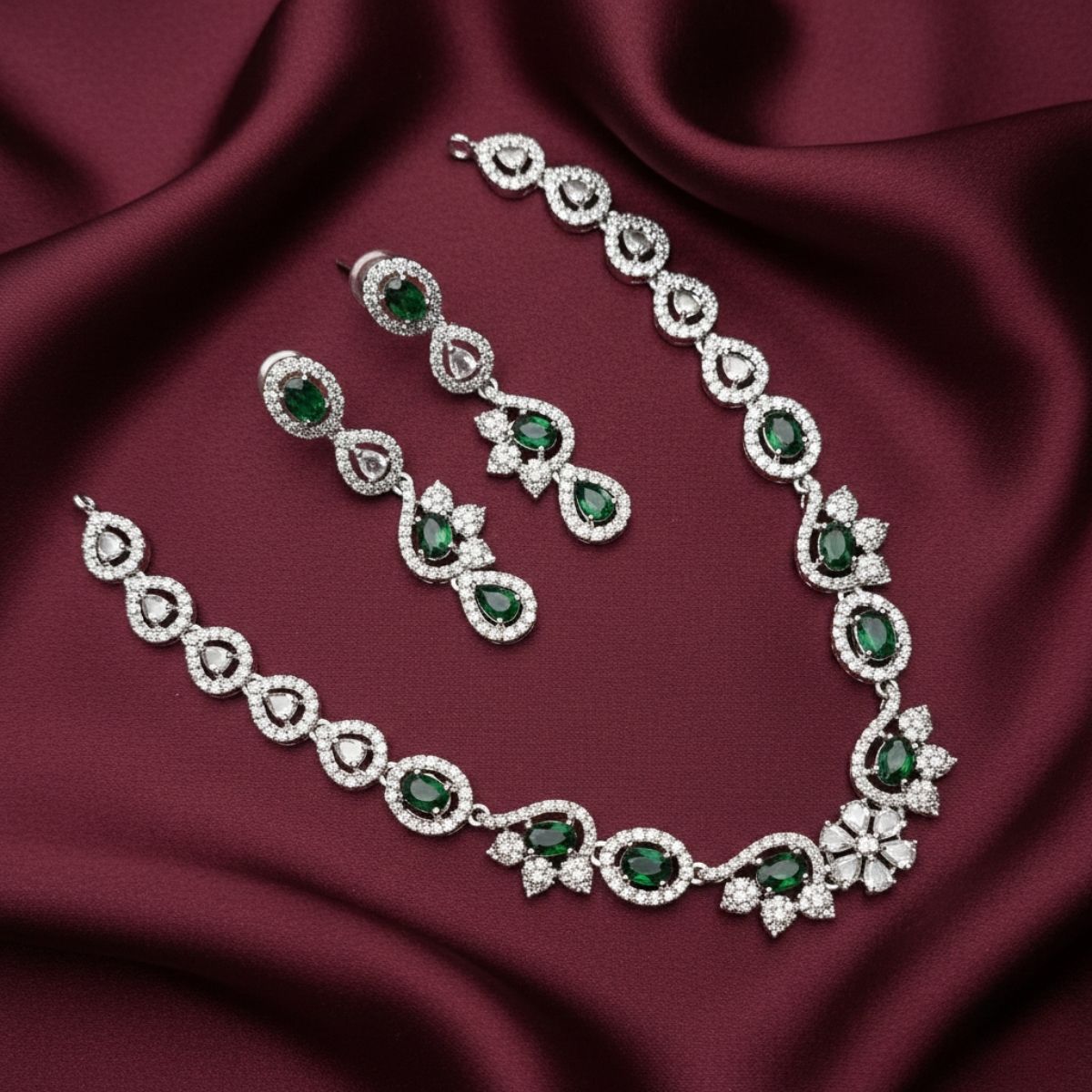 Cara Necklace and Earrings Green Stones